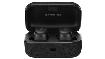 Sennheiser Momentum 3 earbuds in their charging case on a white background.