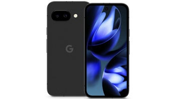 A render of the Pixel 9a in black.