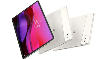 Lenovo Yoga Tab Plus in different positions on a white background.