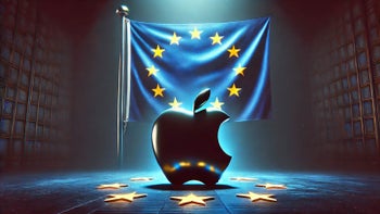 The Apple logo in shadow of a big European Union flag.