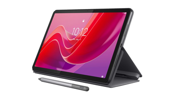 Lenovo Tab M11 with a folio case and a stylus on a white background.