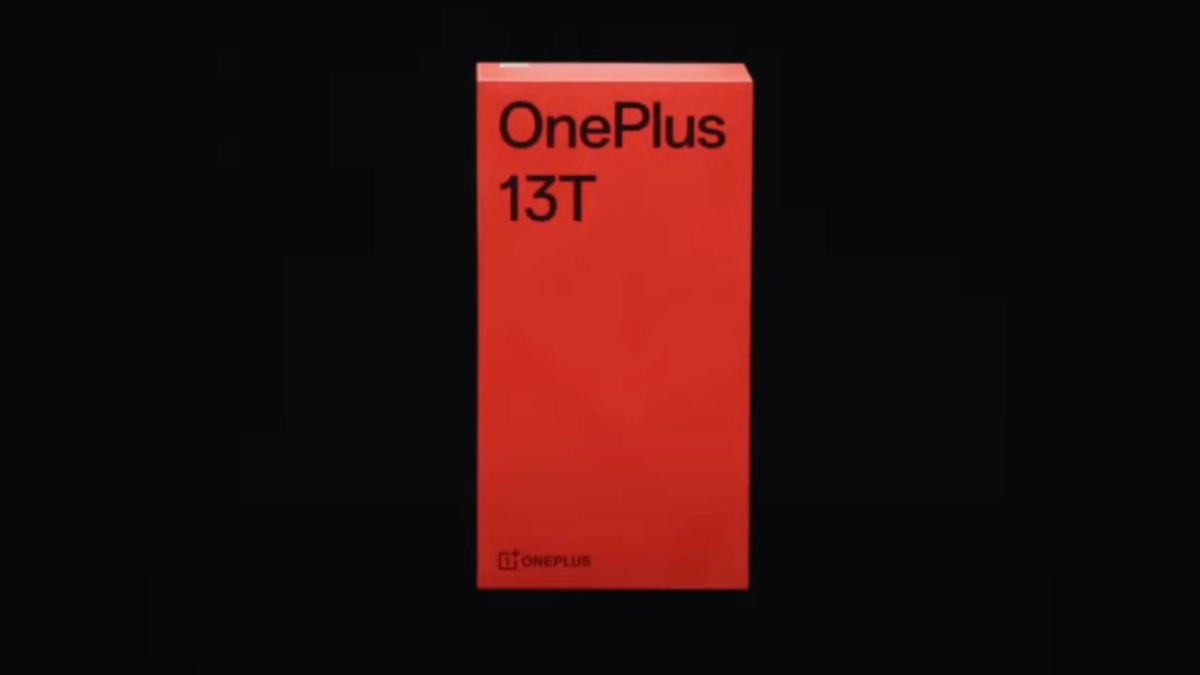 OnePlus 13T teaser box on a black background.