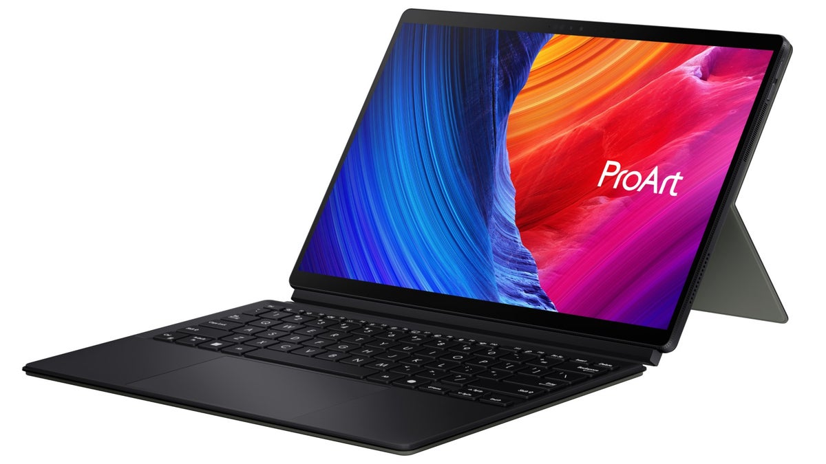 Image featuring a black Asus ProArt PZ13 laptop with a detachable black keyboard.