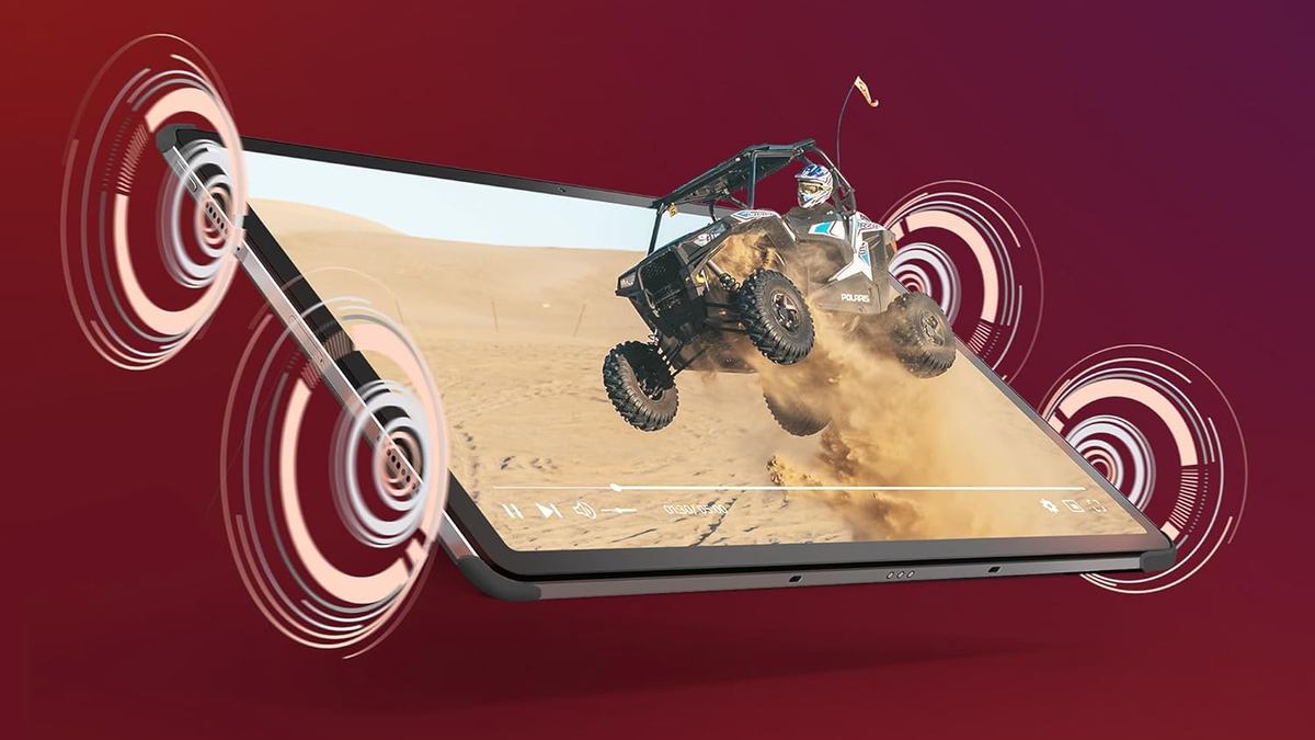 Lenovo Tab P12 displays an off-road scene with 3D effects and sound waves on a deep red background.