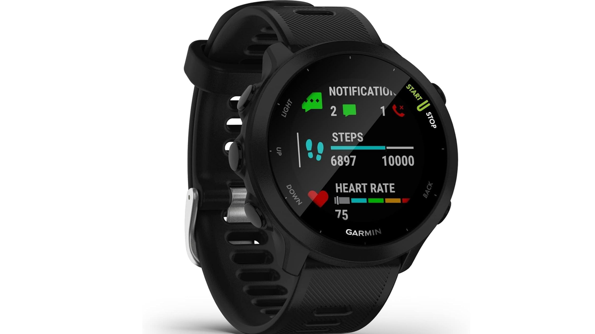 A Garmin Forerunner 55 watch on a white background.