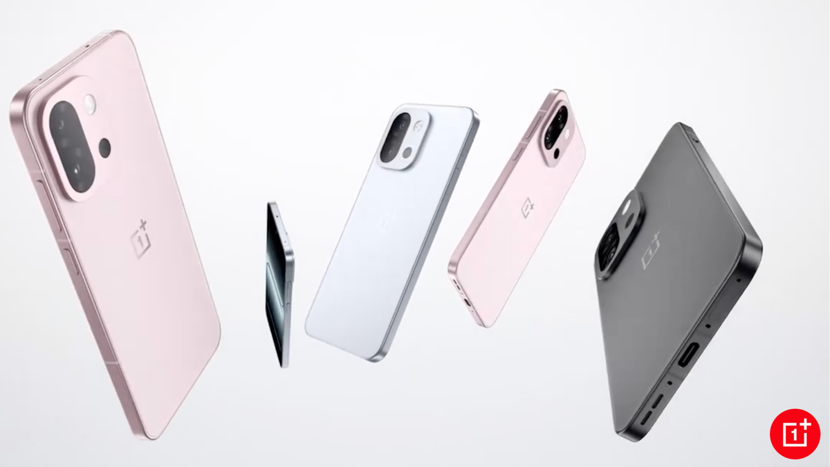 Five OnePlus 13T phones in different colors displayed over a white background.