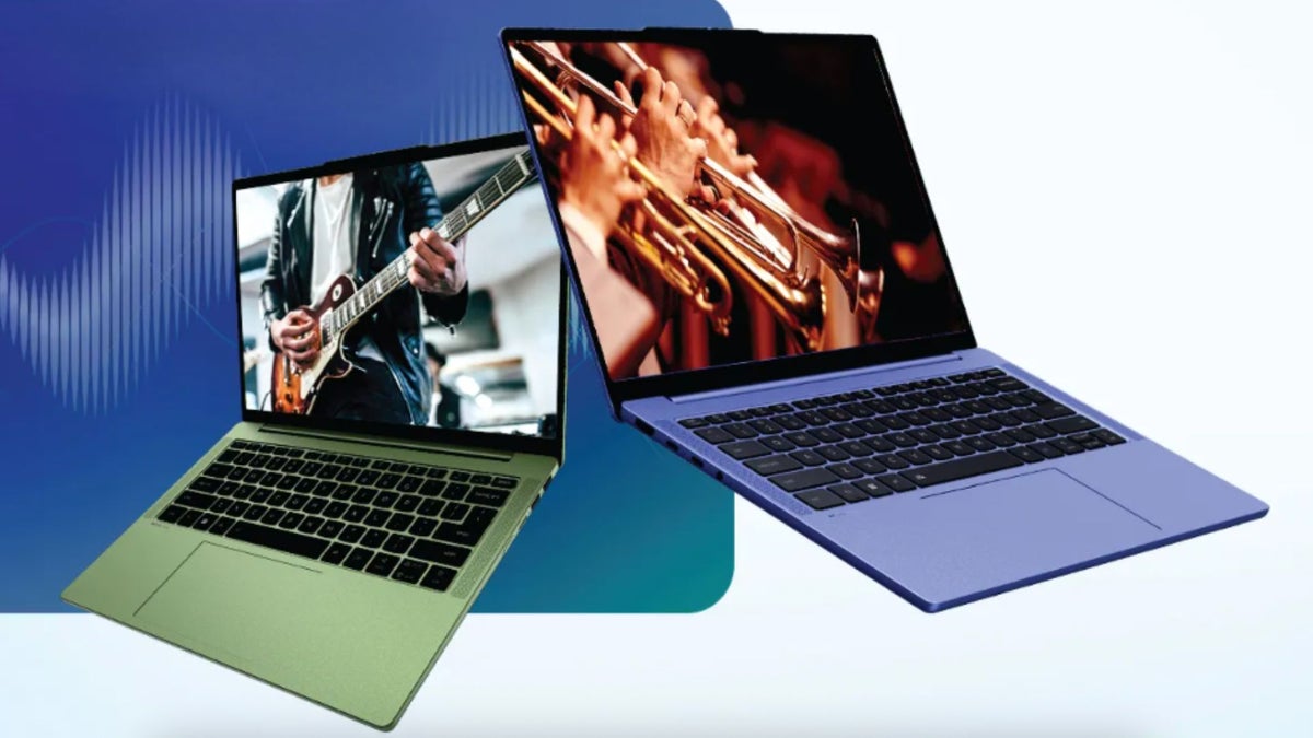 Two laptops, one light green and one light purple, displaying images of musicians.