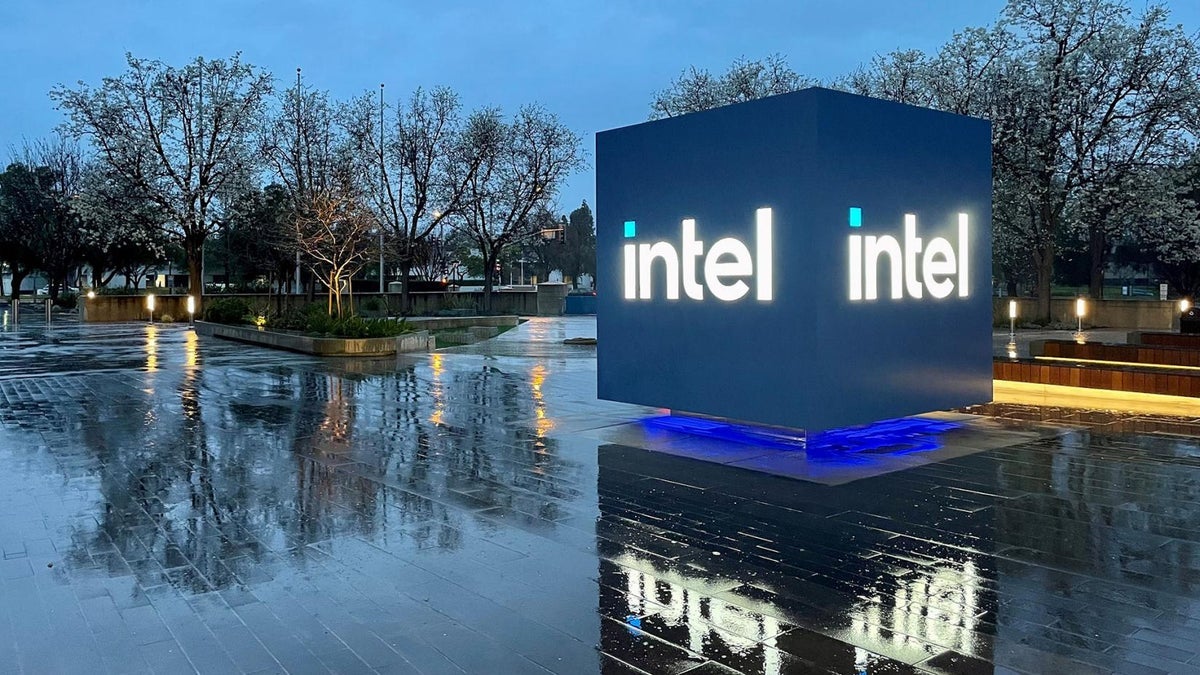 A cube with Intel's logo in lights  is seen at an industrial park.