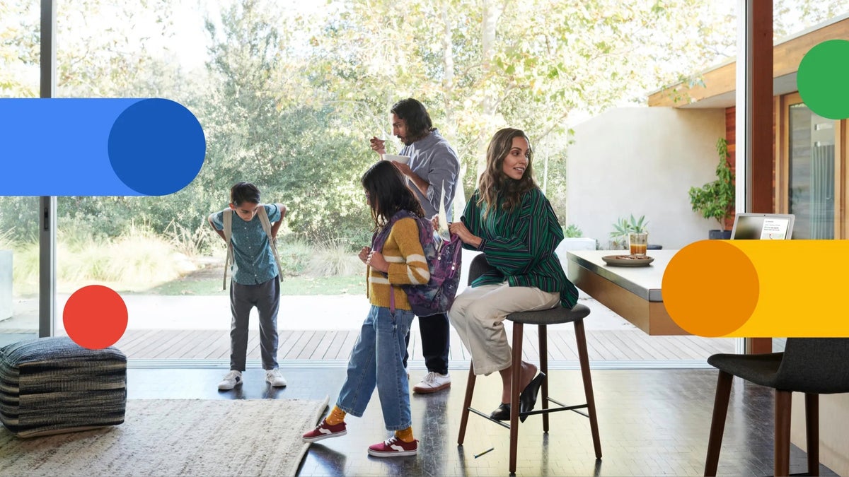 A photo of a family of four getting ready for the day.