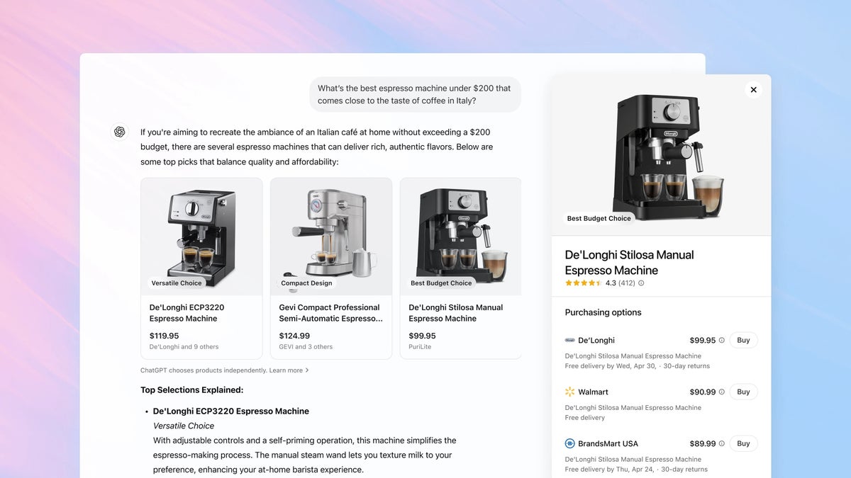 A screenshot of ChatGPT's comparison of three De'Longhi espresso machines.