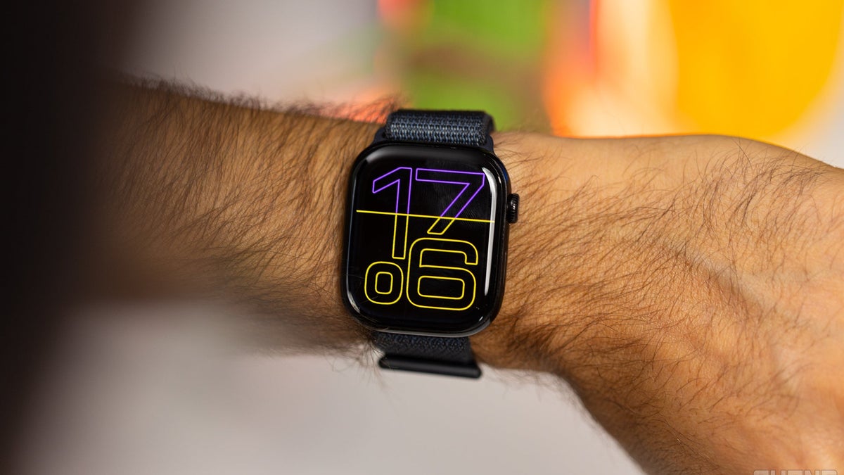 A close-up of the Apple Watch Series 10 on a wrist.