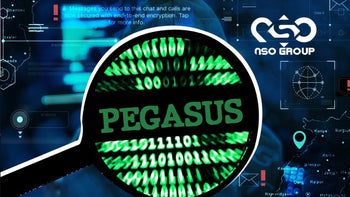 A magnifying glass shows the name Pegasus, the Israeli spyware program developed by NSO Group.