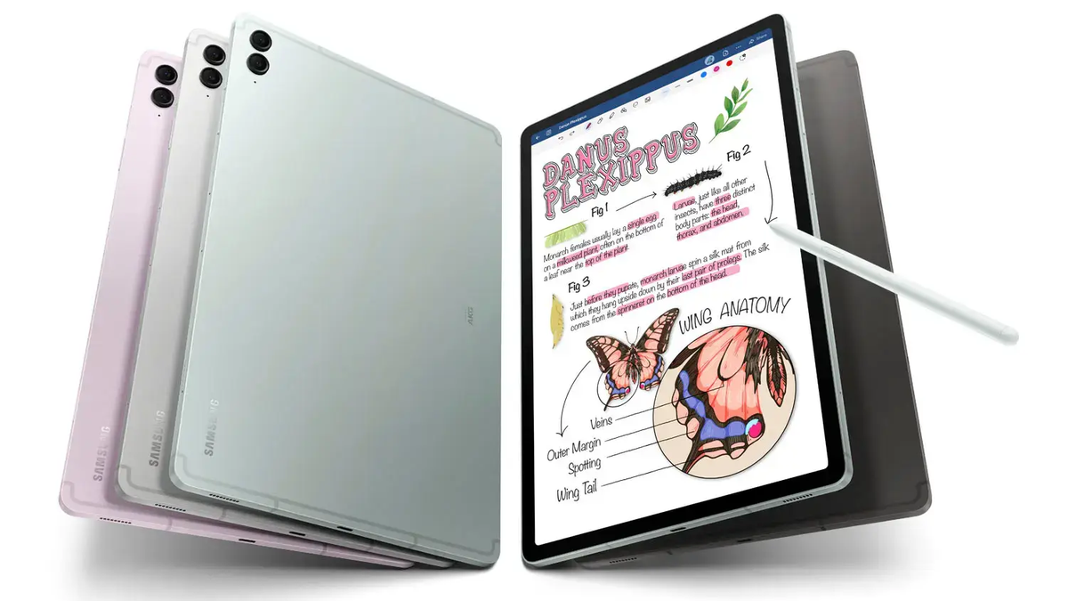 Galaxy Tab S9 FE+ in different colorways on a white background, with the S Pen visible on the tablet's right side.