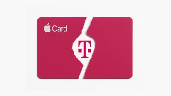 AI generated image of a magenta colored Apple card ripped with a T-Mobile logo in the middle