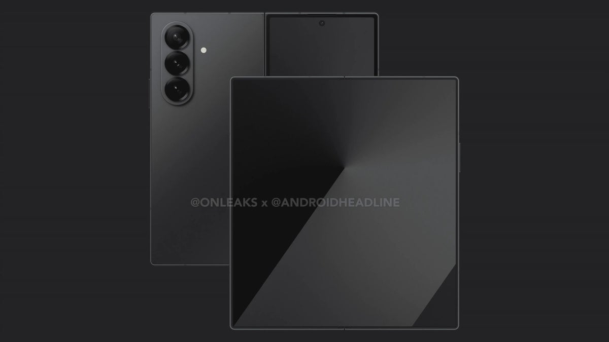 A leaked render of the Galaxy Z Fold 7 on a black background.