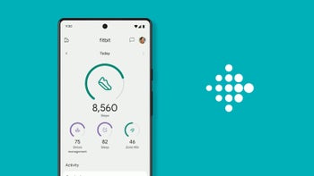 Image of smartphone running the Fitbit app with the Fitbit logo beside it