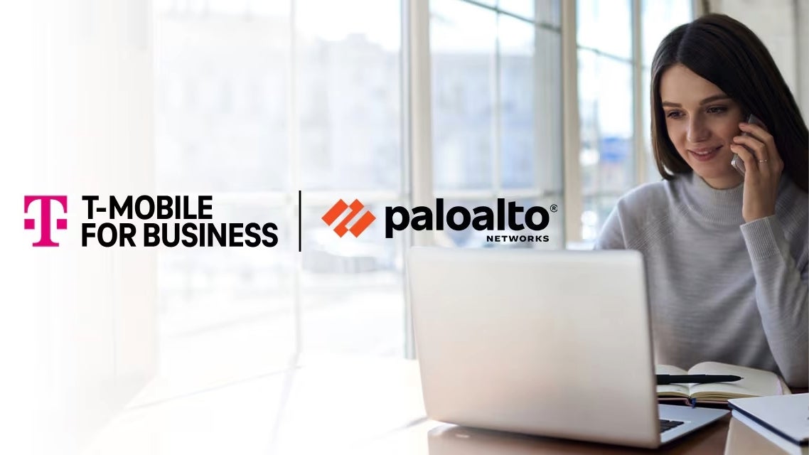 The logos for T-Mobile for Business and Palo Alto Networks are displayed alongside an image of a woman working on a laptop while talking on a smartphone.