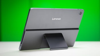 Rear view of the Lenovo Tab Plus, showcasing its built-in kickstand and Lenovo logo.