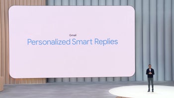 Screencap from Google I/O keynote presenting Gmail personalized smart replies