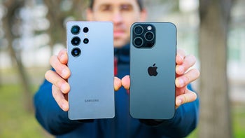 The rear panel of the Galaxy S25 Ultra is compared to the back of an iPhone 16 Pro Max.