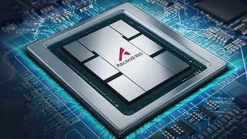One of Huawei's Ascend AI chips is seen placed in a fake circuitry background.