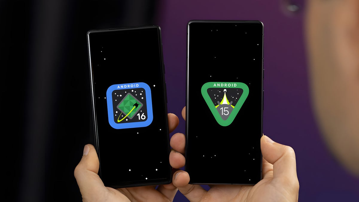 Two Pixel phones running Android 16 and Android 15