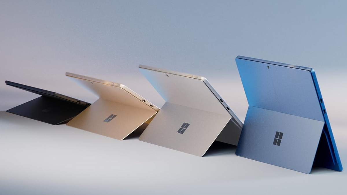 Surface Pro 11 tablets in different colors with differently adjusted kickstands.