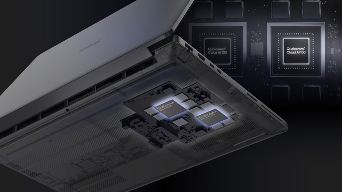 A transparent view of a Dell AI laptop shows its internal components, including two prominent Qualcomm Cloud AI 100 chips.