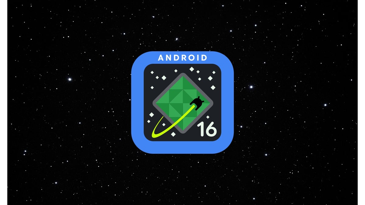 Android 16 logo with a starry space behind it