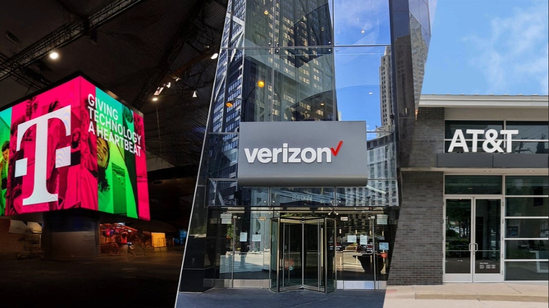 A three-panel image showcasing the branding of major US telecommunication companies.