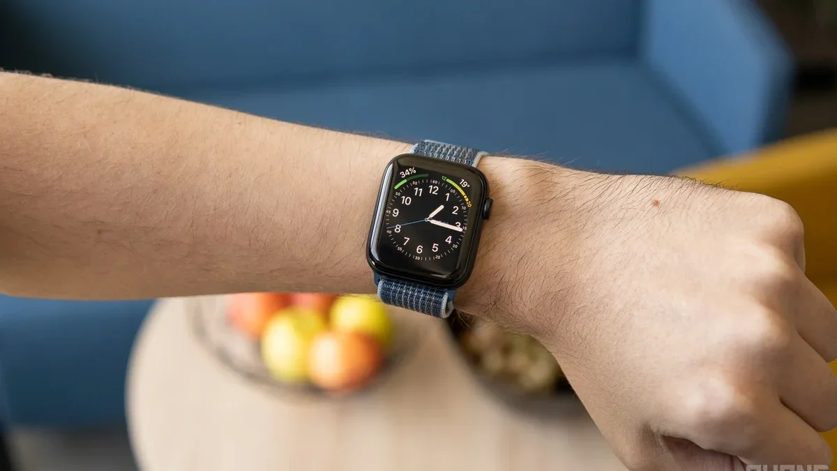 A close-up of an Apple Watch SE 2 on a wrist.