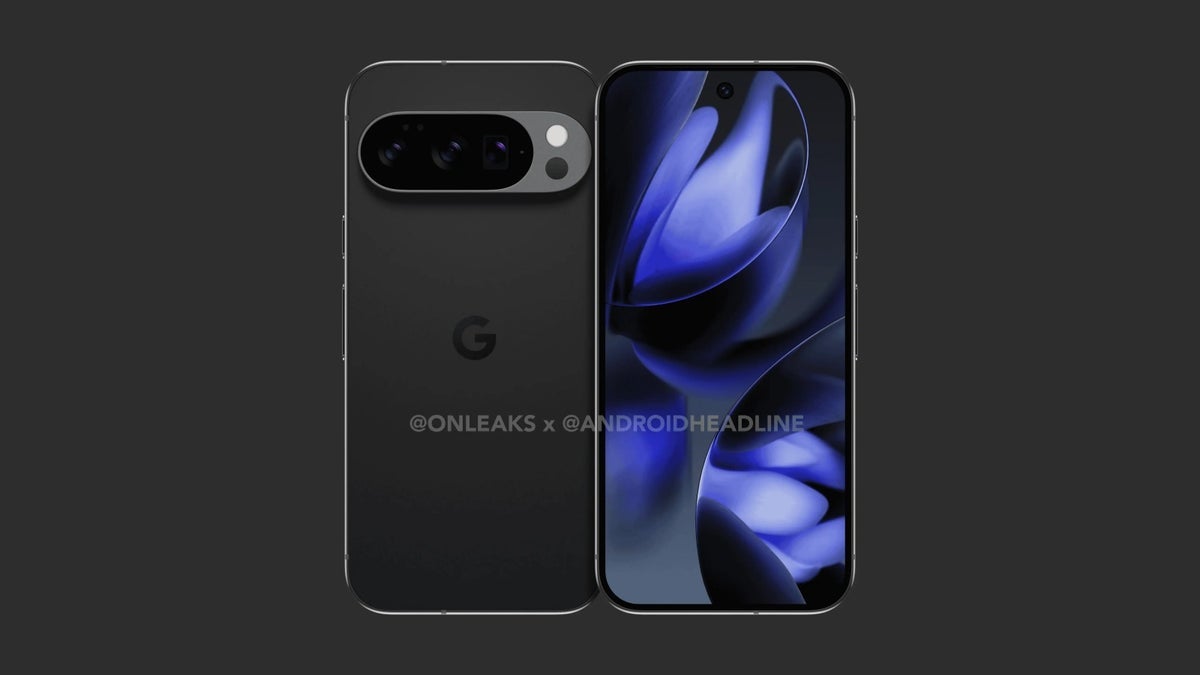 Render of the Pixel 10 Pro is seen against a dark black background.
