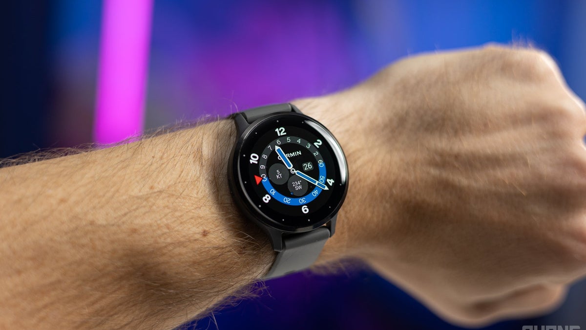 A close-up of a Garmin Venu 3 on a wrist.
