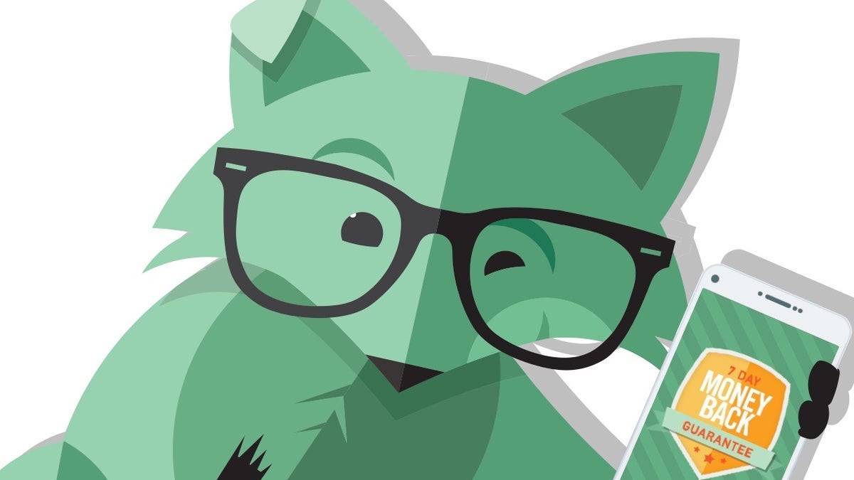 THe Mint Mobile Fox holds a smartphone promoting the T-Mobile MVNO's money back guarantee.