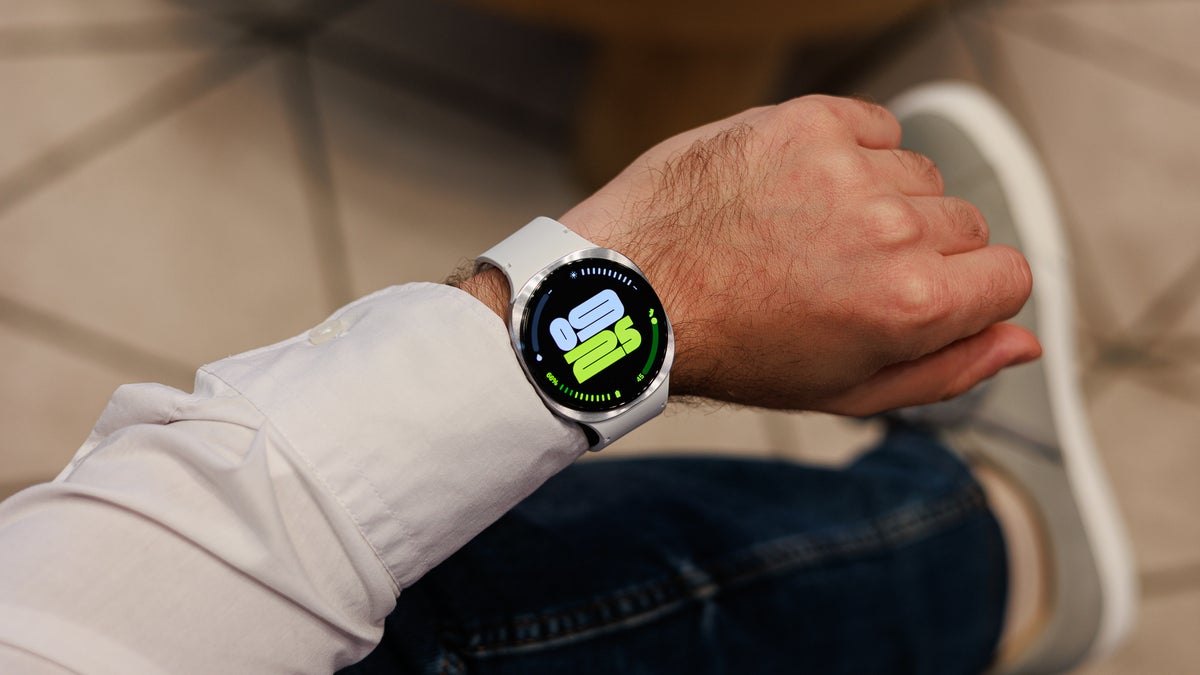 A close-up of a Galaxy Watch 8 on a wrist.