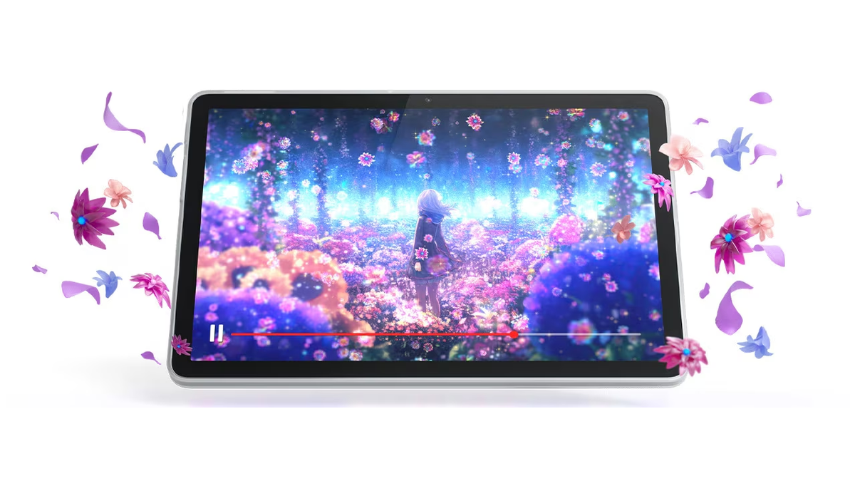 Lenovo Tab 2025 displaying vibrant animated scene with 3D flowers popping out from the screen.