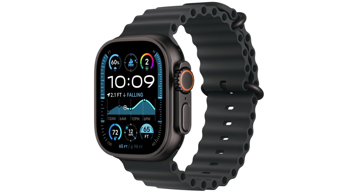 Apple Watch Ultra 2 with black titanium case and black Ocean band