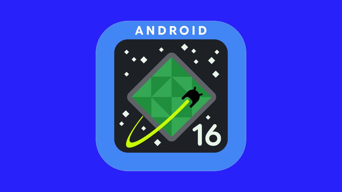 Android 16's logo on a colorful background.