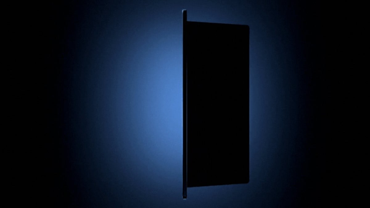 3D image of a thin unfolding phone with a dark background.