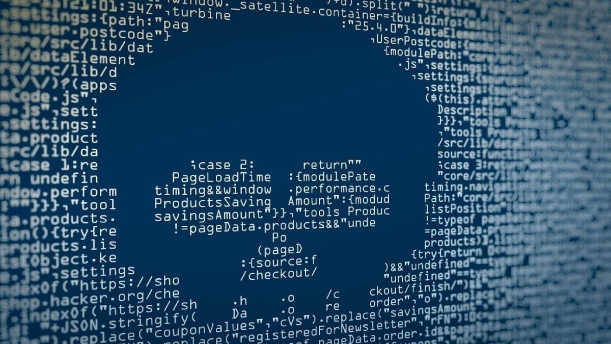 A skull is created by typing certain words related to software attacks n a computer screen.