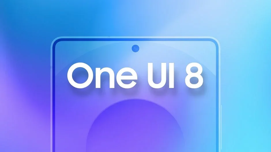 OneUi 8 logo displayed over a colorful background.