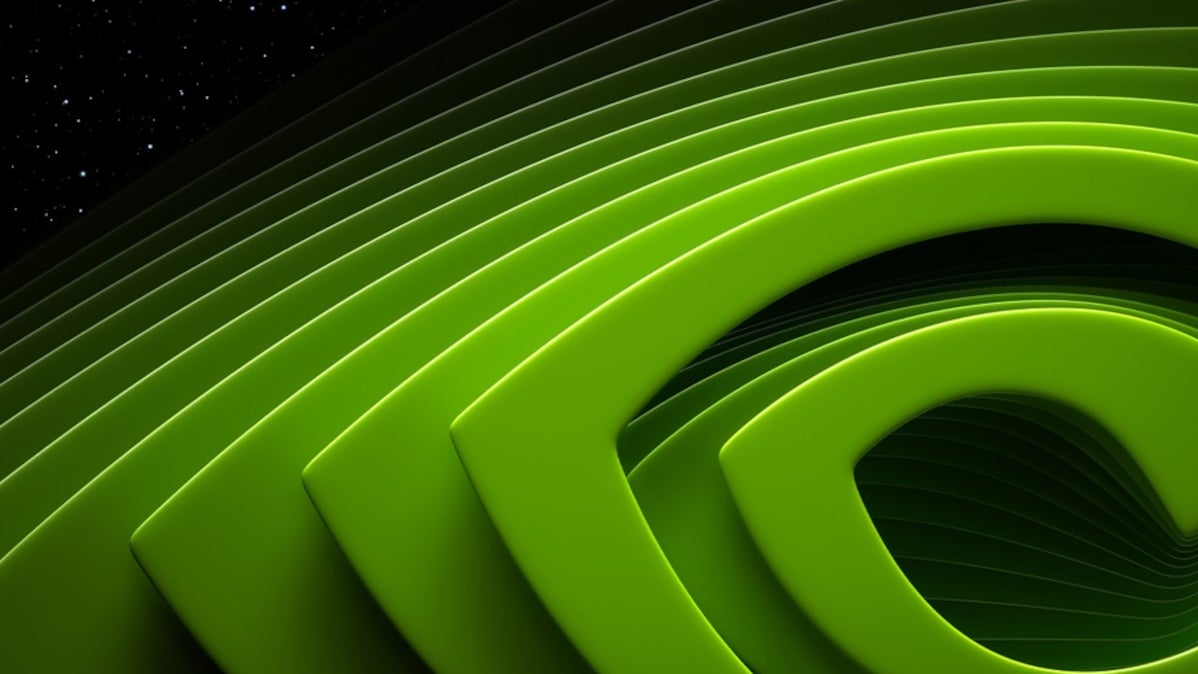 Part of the NVIDIA logo is seen in a close up.