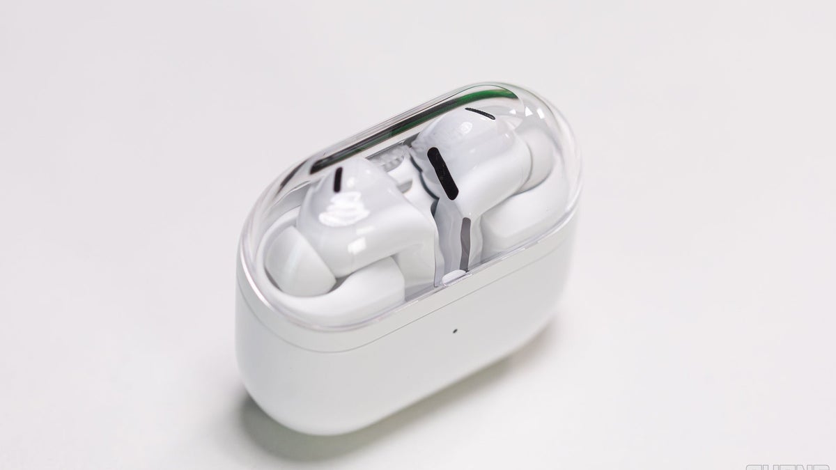 A close-up of a pair of Galaxy Buds 3 Pro in their case.