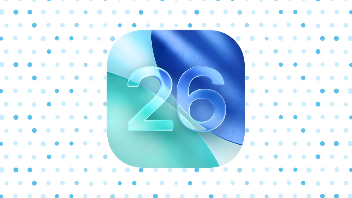iOS 26 logo overlayed over a dotted background