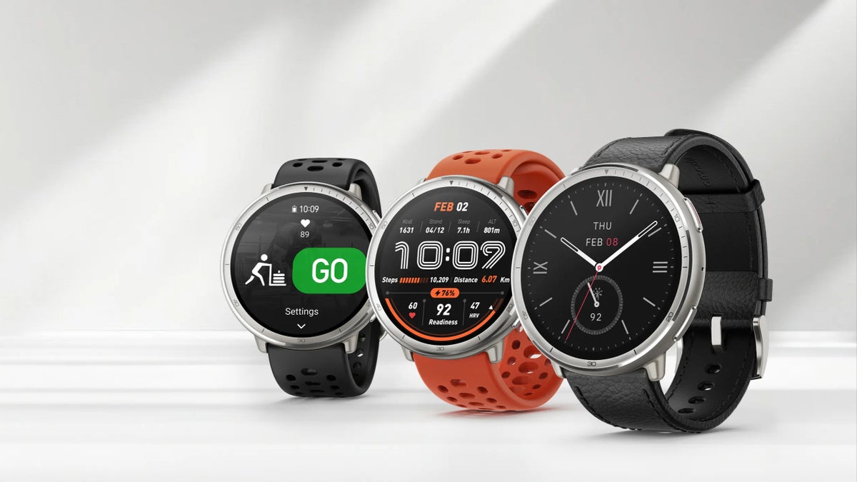 Three Amazfit Active 2 smartwatches.