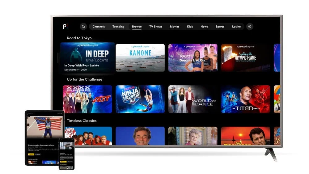 An image with a TV, tablet and a smaprtphone with Peacock content displayed on their screens.
