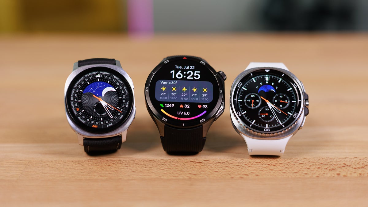 OnePlus Watch 3 sandwiched between Galaxy Watch 8 and Galaxy Watch 8 Classic