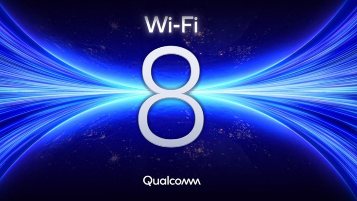 A number 8 in the middle of the word Wi-Fi on top, and Qualcomm on the bottom against a dark blue background,