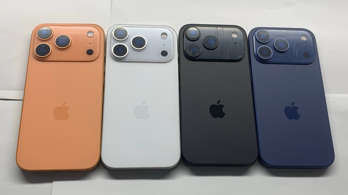 A photo of four dummy units of the iPhone 17 Pro Max in different colors.