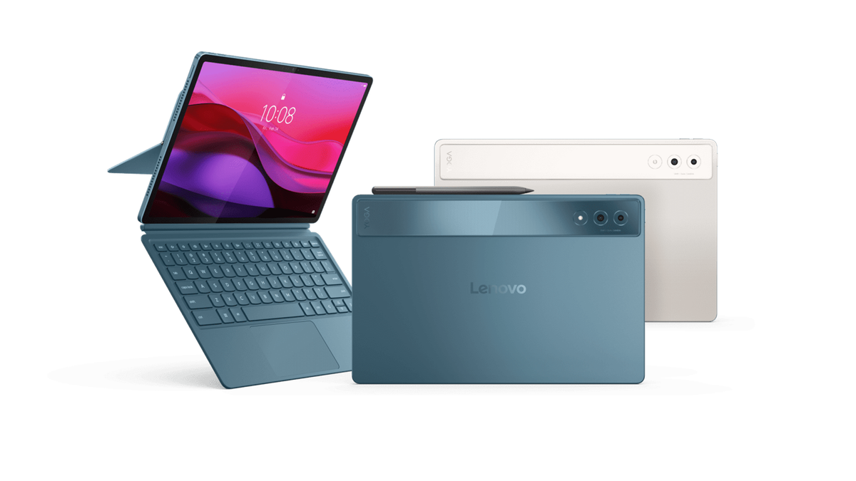 Lenovo Yoga Tab Plus in different colors on a white background.